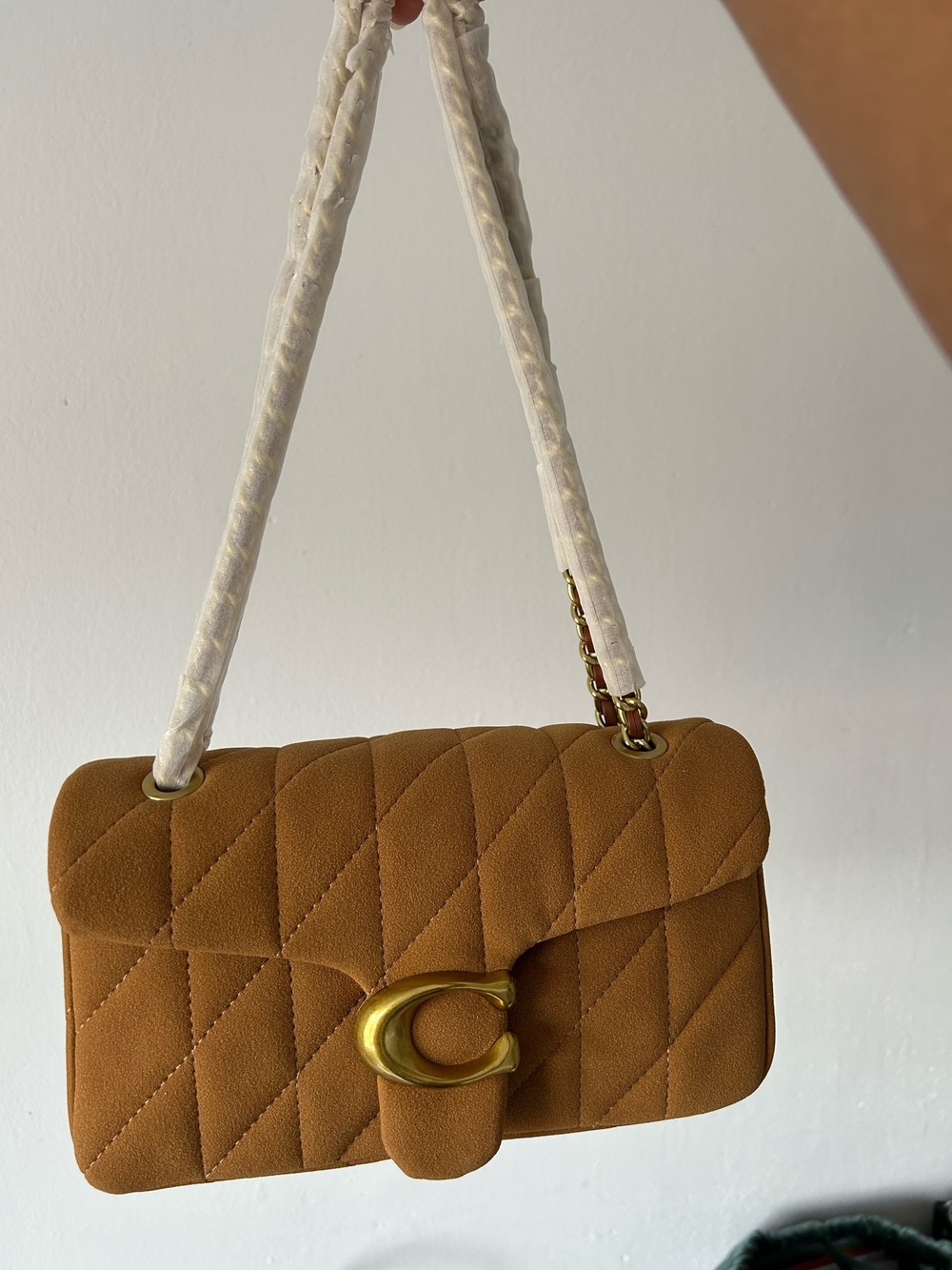 Quilted Tan Shoulder Bag with Gold C Accent